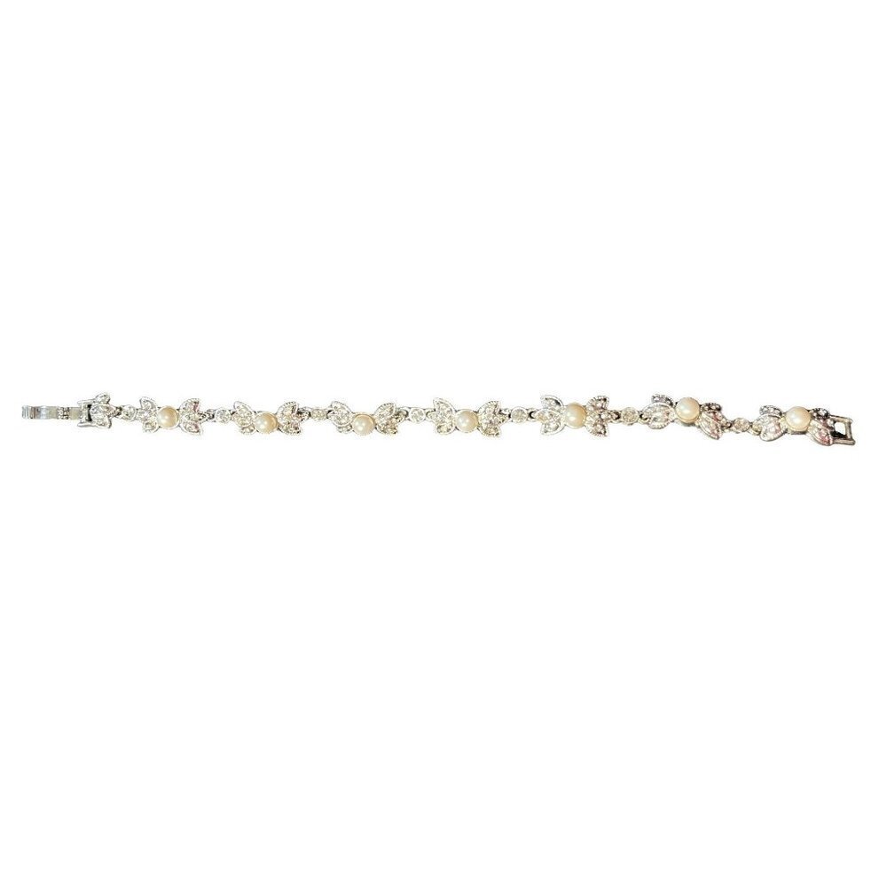 Crystal Faux Pearl Floral Link Bracelet Silver with Clasp